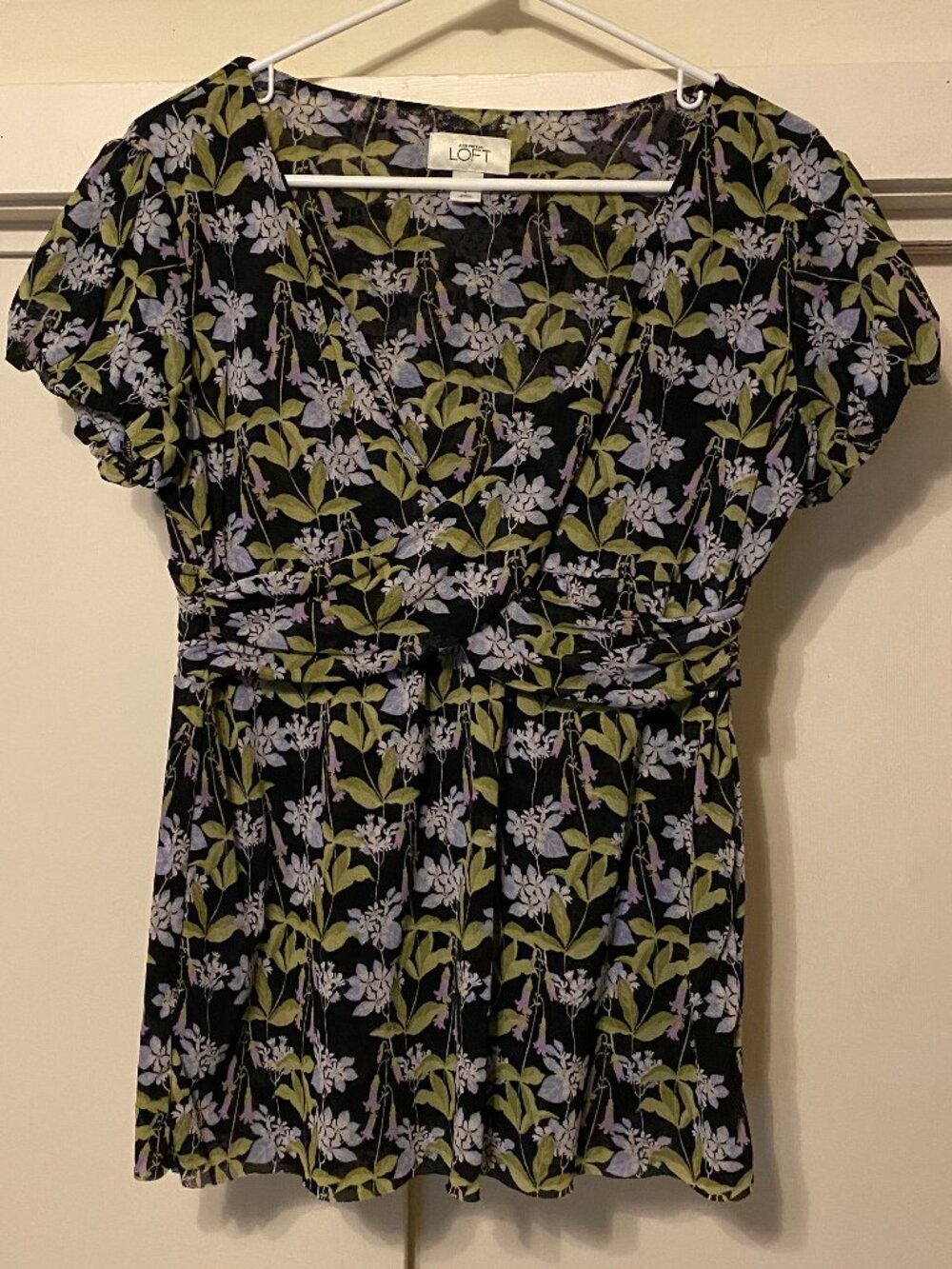 Ann Taylor Loft, 100% nylon, black, crisscross, floral blouse, size L
